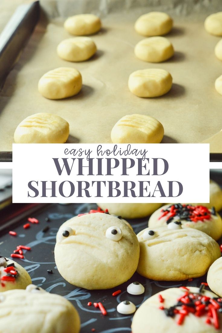 A pinnable image for sharing on Pinterest. The image has text that reads easy holiday whipped shortbread, and shows the dough ready for baking as well as the finished cookie with sprinkles